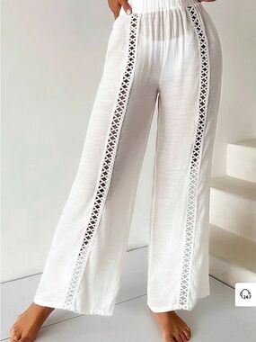 White Crosshatch Cutout Straight Leg Cover-Up Pants